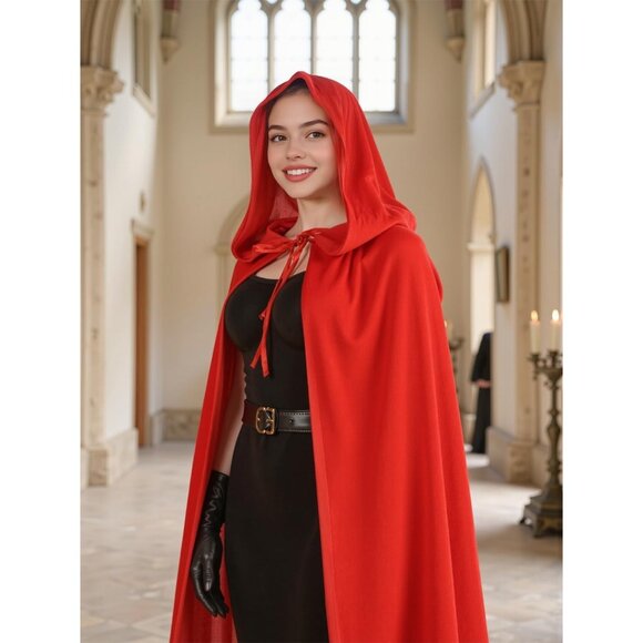Women's Red Witch Imported Velvet Cloak Halloween Hooded Cape Medieval Costume - Picture 4 of 7